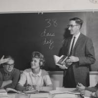 A student giving a speech in class.